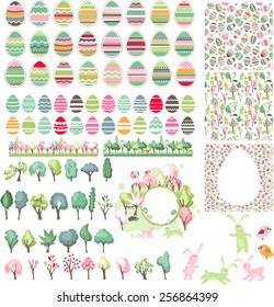 Big collection with easter eggs, seamless patterns and spring trees