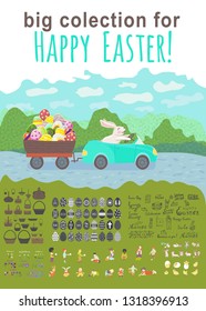 Big collection for easter holiday. bunny is driving the blue car and drag the egg basket with multicolor eggs on the park in spring season. Set with flowers, kids, chiken, basket, bunny, eggs