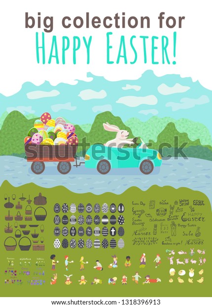 Big collection for easter holiday. bunny is driving\
the blue car and drag the egg basket with multicolor eggs on the\
park in spring season. Set with flowers, kids, chiken, basket,\
bunny, eggs