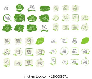 Big collection Eco food labels and high quality product badges. Bio healthy organic, 100 bio and natural product icon. Emblems for cafe, packaging etc. Vector