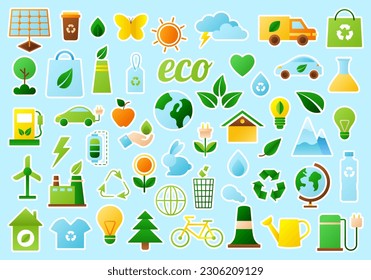 Big Collection of ecology stickers. Zero waste, recycle, eco friendly, save water, bio, no plastic. Modern isolated vector badges. Design elements for web, print and more. Vector illustration.