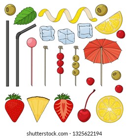 Big collection of elements for the decor of cocktails. Tubes, skewers, spiral, lemon, strawberry, pineapple, cherry, olives, ice, umbrella, mint. vector illustration. isolated objects. 