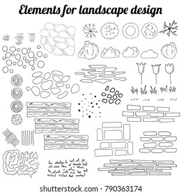 Big collection of elements for landscape design. Contour, black and white.