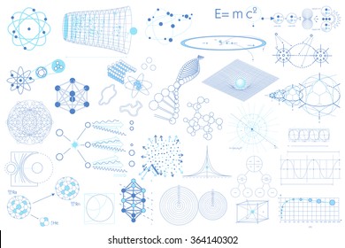 Big collection of elements, symbols and schemes of physics, chemistry and sacred geometry. The science theme. 