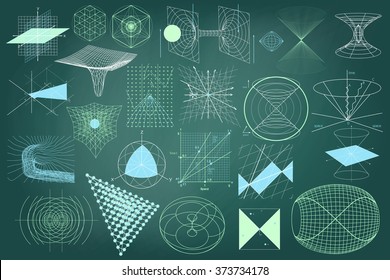 Big collection of elements, symbols and schemes of physics, chemistry and sacred geometry. The science theme.