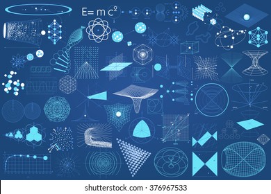 Big collection of elements, symbols and schemes of physics, chemistry and sacred geometry. The science theme. 