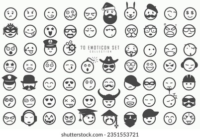 Big collection of emoticons. Original, and funny emoji. Vectorial illustration symbols, outline design.