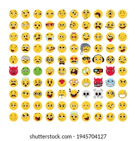 Big collection of emoticons for smartphones, apps, creating stickers and cards. Vector faces in cartoon style.