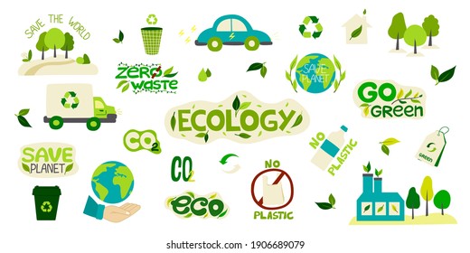 Big Collection Of Environmental Stickers With The Words-zero Waste, Ecology, Save The Planet, Eco, Recycling, No Plastic. A Set Of Decorative Design Elements. Flat Vector Illustration.