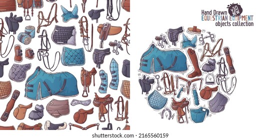 Big collection equestrian equipment. Horse ammunition and rider clothing for backgrounds, wallpapers, textile, postcards, t-shirt prints. Set elements for horses. Vector hand drawn style illustration.