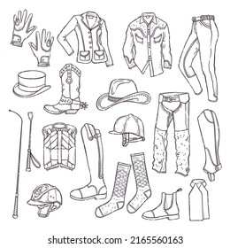 Big collection equestrian equipment. Horse ammunition and rider clothing for backgrounds, wallpapers, textile, postcards, t-shirt prints. Set elements for horses. Vector hand drawn style illustration.