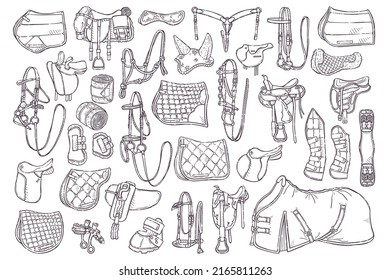 Big collection equestrian equipment. Horse ammunition and rider clothing for backgrounds, wallpapers, textile, postcards, t-shirt prints. Set elements for horses. Vector hand drawn style illustration.