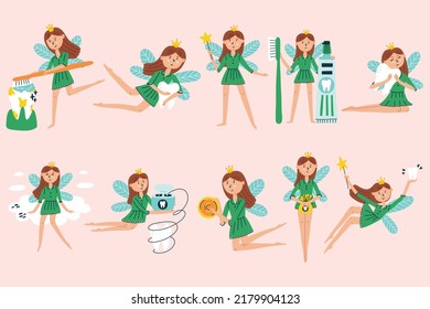 Big collection of fairy tooth fairy characters. Magic Fantasy Character Design in isolated clipart in doodle, cartoon, flat style on pink background