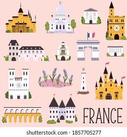 Big Collection Of Famous Landmarks Of France Arc De Triumph, Sacre Coeur, Notre Dame, Castles Of Loire River. Vector Illustration