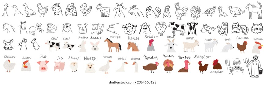 Big collection of farm animals. Flat and outline black and white illustrations.  Hand drawn vector icons on white background.