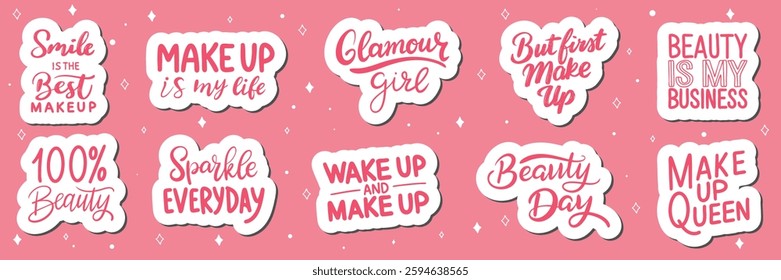 Big collection of Fashion make up stickers with text lettering. Hand drawn vector art.