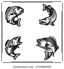 Una gran colección de la silueta de los pescados fijados, logotipo de la silueta de los pescados aislado en el fondo blanco.