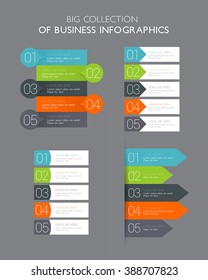 Big collection of five steps business infographics - can illustrate a strategy, workflow or team work.