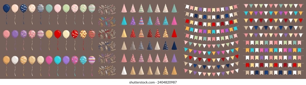 Big collection of flat cartoon party celebration elements - cute colorful party hats, carnival pennants or buntings, glossy balloons and multicolored streamers or ribbon serpentine stickers