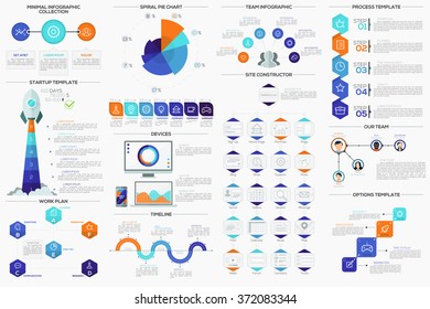 Big collection of flat minimal infographic templates. Vector. Can be used for web design, workflow layout, social media, presentations, brochures, entertainment and games.