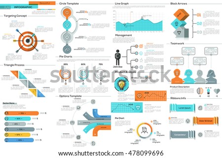 Big collection of flat minimal infographic templates. Vector. Can be used for web design, workflow layout, social media, presentations, brochures, entertainment and games.