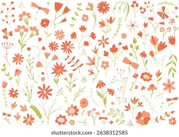 Big collection of floral and botanical elements. Set of leaf, foliage wildflowers, plants, bloom, leaves. Hand drawn doodle of blossom spring season vectors for decor, website, wedding card and shop. 