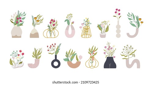 Big collection of floral bouquets in modern vases. Hand drawn flat illustrations. Vector isolated on white background. 