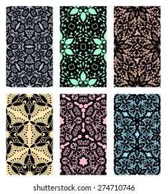 Big collection of floral lacy patterns. Lace seamless patterns with flowers on pastel background