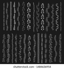 Big collection of floral ornament dividers. Hand drawn decoration, sketch borders set. Vector white flourish elements isolated on black background.