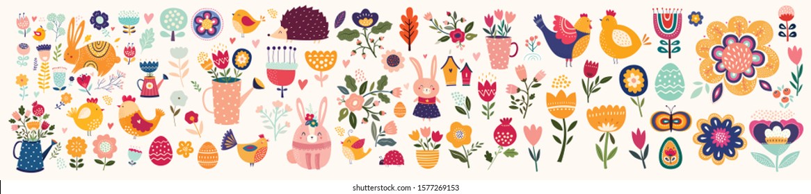 Big collection of flowers, leaves, birds, bunny and spring symbols	
