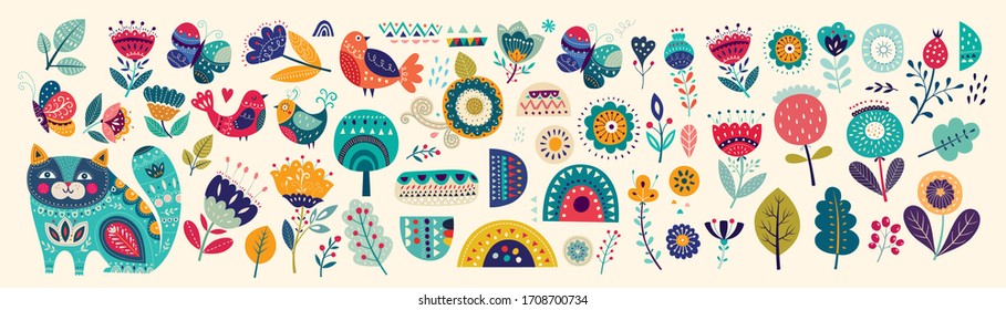 Big collection of flowers, leaves, birds, cat and spring symbols and decorative elements	
