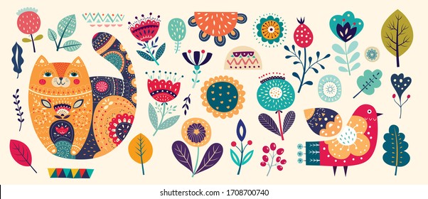 Big collection of flowers, leaves, birds, cat and spring symbols and decorative elements	
