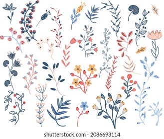 Big collection flowers, leaves, tree branches, red berries. Scandinavian style. Wild Botanical elements for your design. Simple minimalistic colorful flowers. Vector illustration
