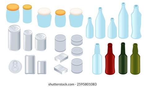 Big collection of food and drink containers. Bottles, jars and cans in different shapes and colors. Empty template set. Packaging without labels. Vector illustration isolated on white background.