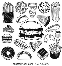Big collection of food elements. Fast food concept. Hand drawn sketch. Vintage vector engraving illustration for poster, web.