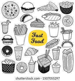 Big collection of food elements. Fast food concept. Hand drawn sketch. Vintage vector engraving illustration for poster, web.