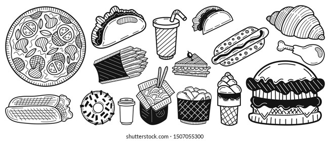 Big collection of food elements. Fast food concept. Hand drawn sketch. Vintage vector engraving illustration for poster, web.