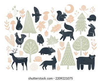 Big collection with forest animals, trees and plants in linocut textured style. Isolated on white background vector illustration