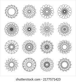 Big collection fractal elements and various decorative signs. Abstract geometric signs for design in vector. Circular decorative icons on a white background. Round line ornament on white cover