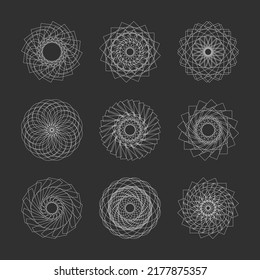 Big collection fractal elements and various decorative signs. Abstract geometric signs for design in vector. Circular decorative icons on a white background. Round line ornament on brown cover