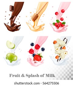 Big collection of fruit and berries in a milk splash. Raspberry, strawberry, honey, nut, chocolate, blueberry, nuts, cow berry, apple. Vector Set