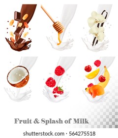 Big collection of fruit and berries in a milk splash. Raspberry, banana, peach, honey, nut, chocolate, cherry. Vector Set .