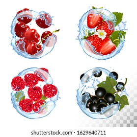 Big collection of fruit and berries in a water splash. Strawberry, raspberry, blackberry and cherry. Vector Set 