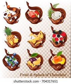Big collection of fruit in a chocolate splash. Strawberry, blueberry, grandberry, plum, pear, guava, strawberry, coconut, banana, nuts, pineapple, blackberry, coffee. Vector Set 