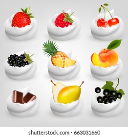 Big collection of fruit in cream. Strawberry, blackberry, cherry, peach, pear, pineapple, strawberry, chocolate. Vector Set.