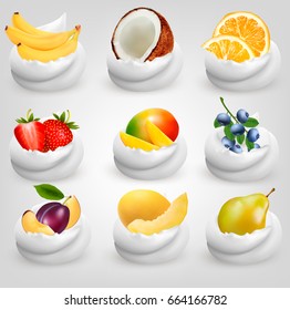 Big collection of fruit in cream. Strawberry, blueberry, coconut, peach, pear, orange, banana, mango. Vector Set.