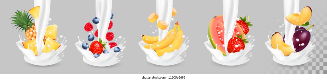  Gran colección de fruta en un batido de leche. Fresa, frambuesa y arándano, guayaba, piña y vector de ciruela.