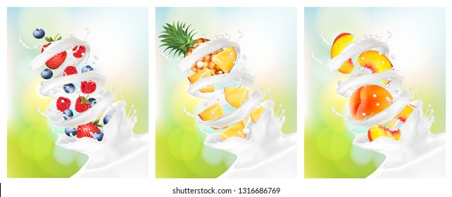 Big collection of fruit in a milk splash. Pineapple, strawberry, blueberry, raspberry, peach. Vector Set.