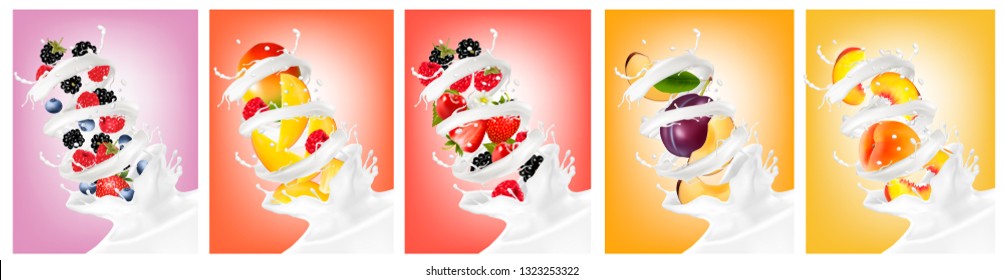 Big collection of fruit in a milk splash. Strawberry, blackberry, blueberry, peach, raspberry, plum, peach, mango.  Vector Set 