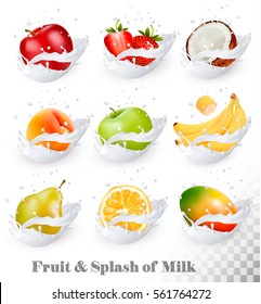 Big collection of fruit in a milk splash. Apple, mango, banana, peach, pear, orange, coconut, strawberry. Vector Set 1.